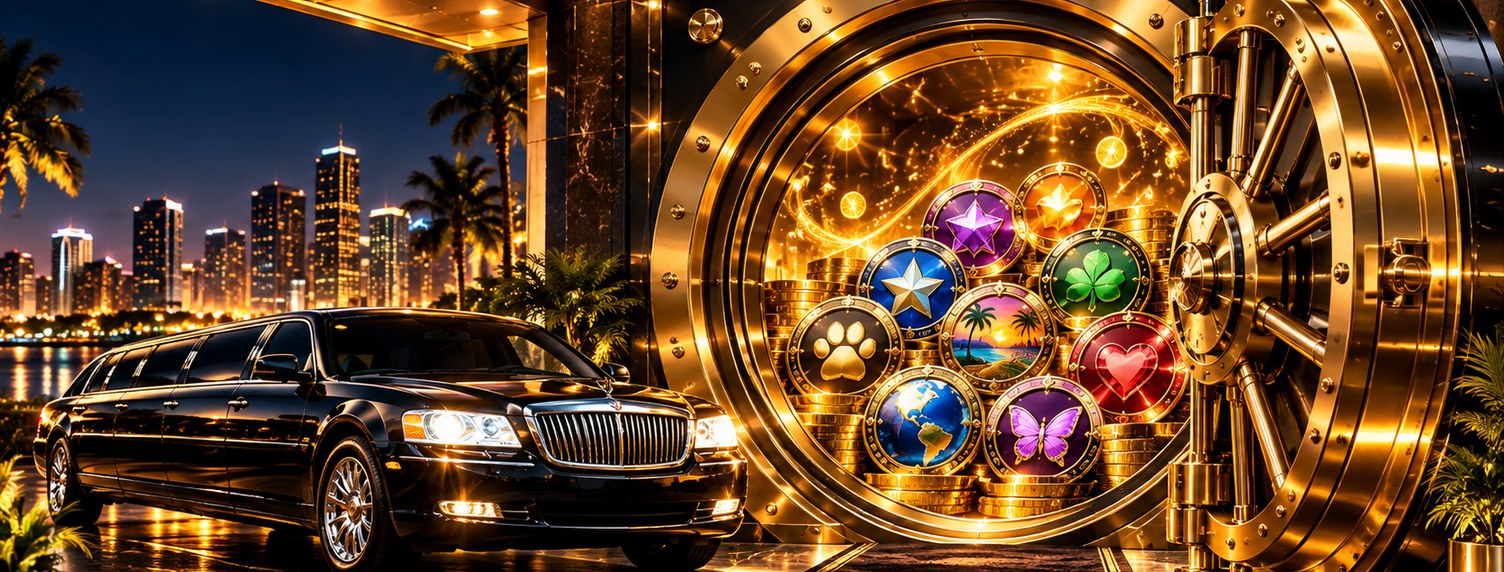 A black stretch limousine outside an illuminated luxury badge vault